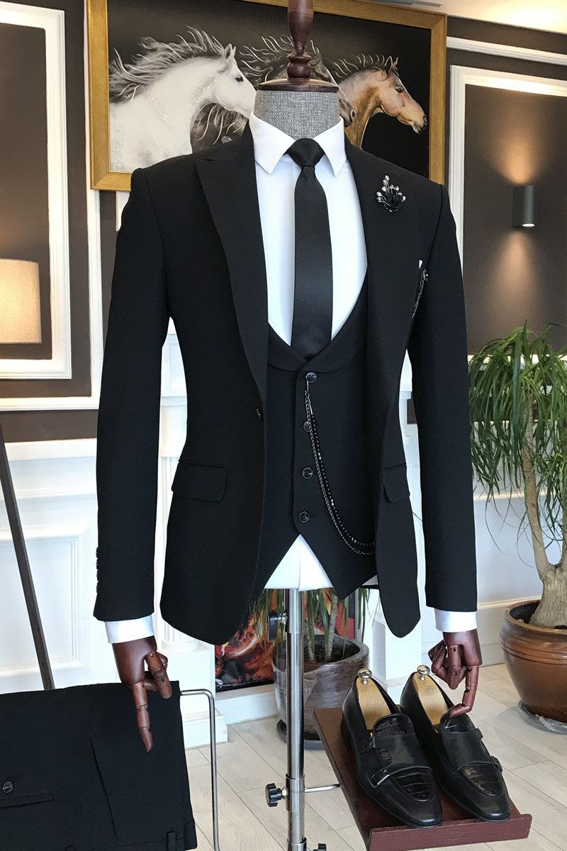 Jet Black 3 Piece One Button Peaked Lapel Men Suits