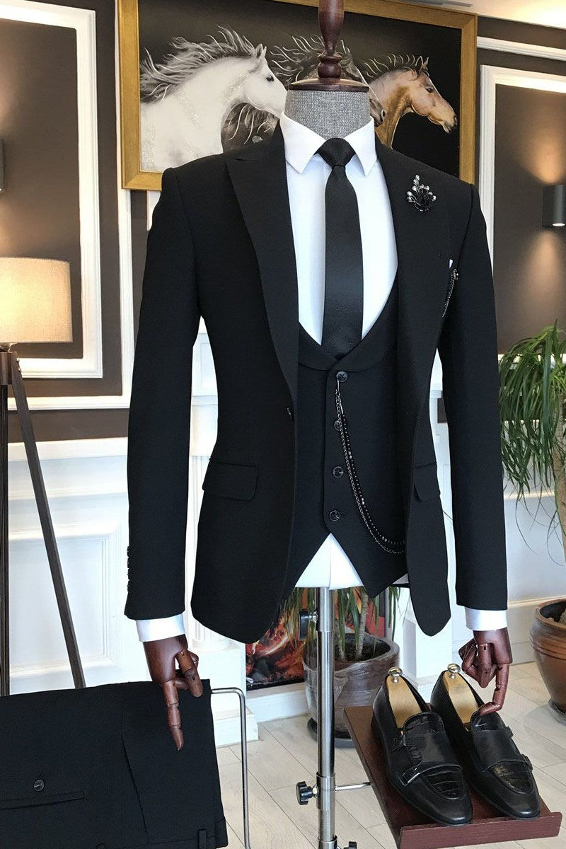 Jet Black 3 Piece One Button Peaked Lapel Men Suits