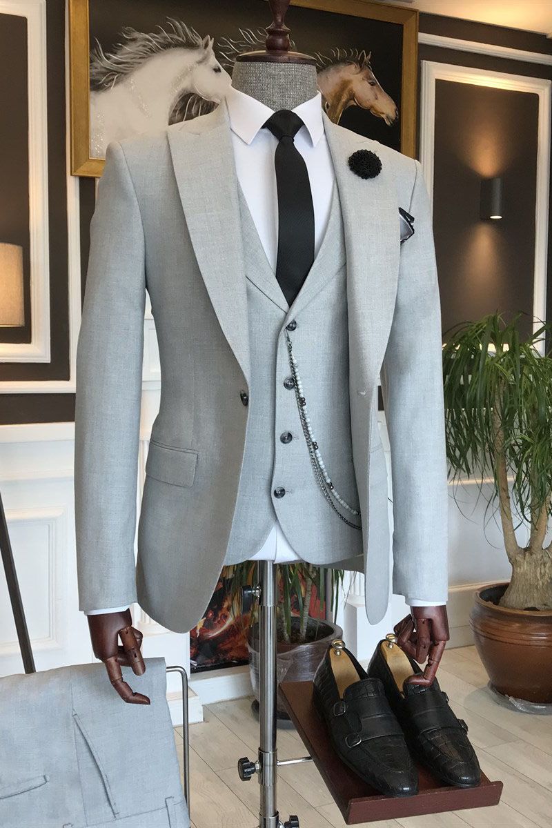 Light Gray 3 Piece One Button Peaked Lapel Best Fitted Men Suits Main image