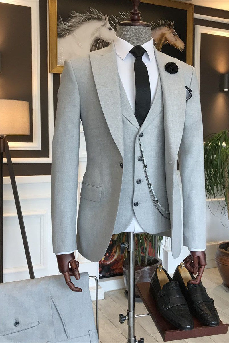 Light Gray 3 Piece One Button Peaked Lapel Best Fitted Men Suits Secondary image