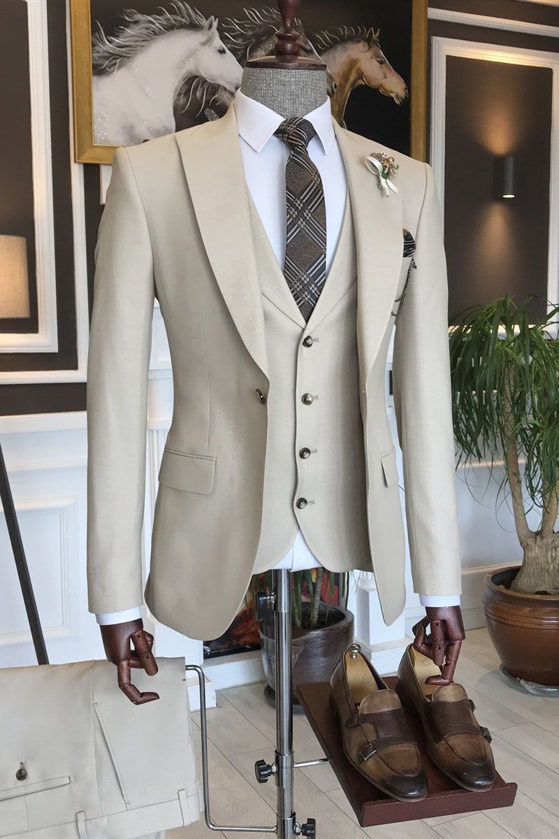 Cream Beige 3 Piece One Button Peaked Lapel Men Suits Main image