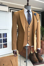 Bespoke Camel 3 Piece One Button Peaked Lapel Men Suits