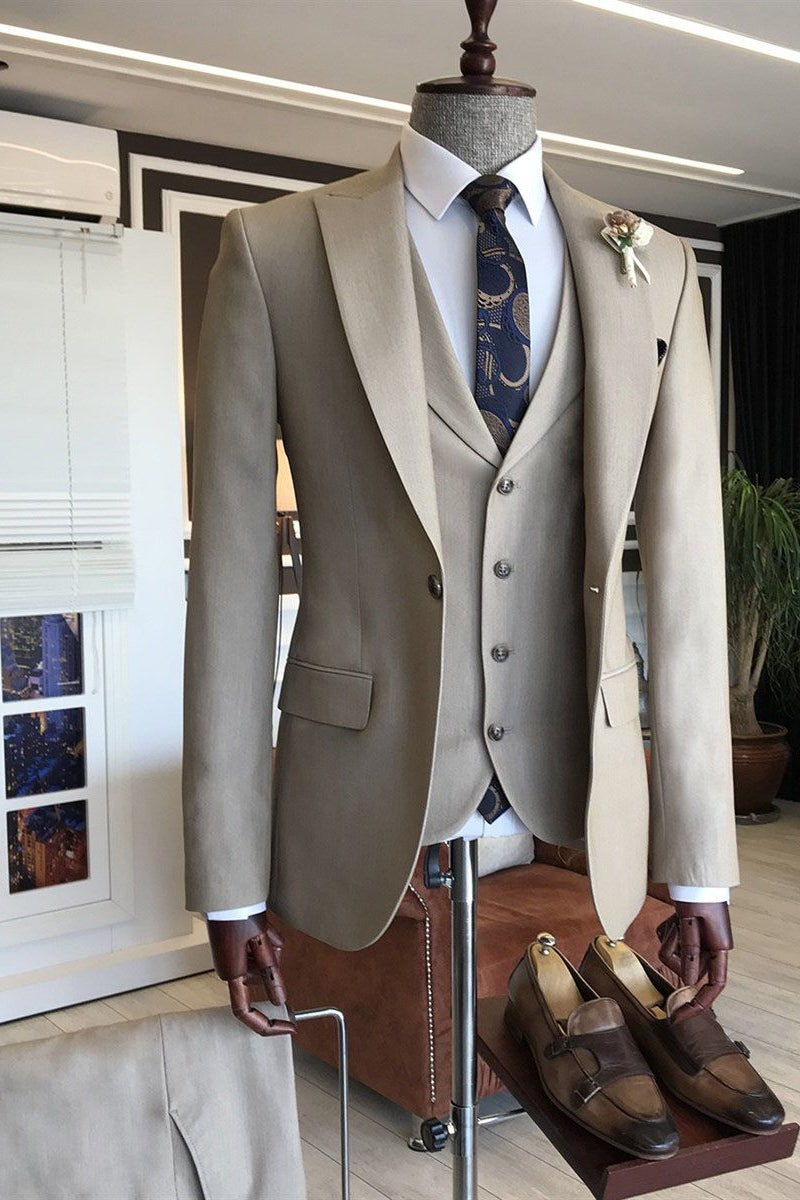 Light Khaki 3 Piece Slim Fit Peaked Lapel Men Suits