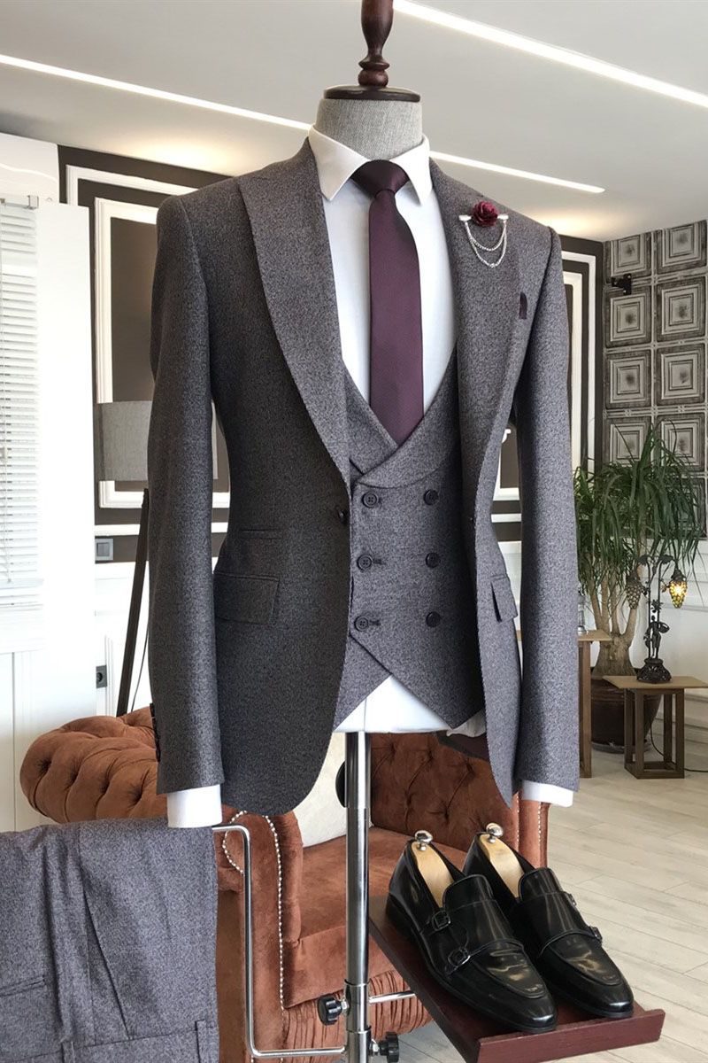 Dark Gray 3 Piece Best Fitted Peaked Lapel Men Suits