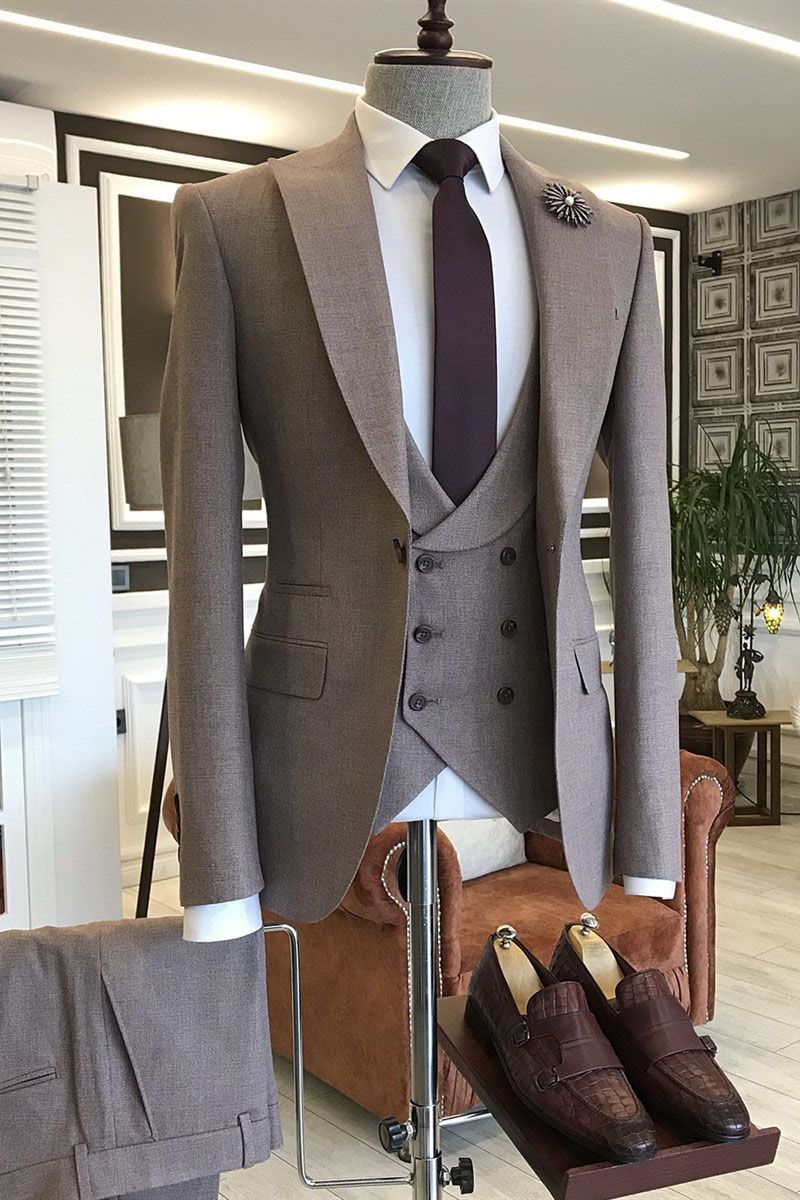 Taupe Brown 3 Piece Peaked Lapel Men Suits Main image