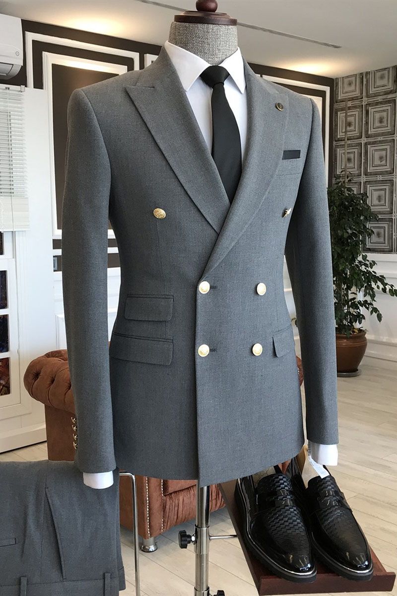 Medium Gray Peaked Lapel Double Breasted Stylish Men Suits Main image
