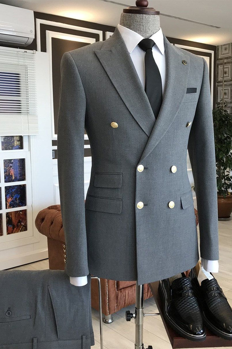 Medium Gray Peaked Lapel Double Breasted Stylish Men Suits Secondary image