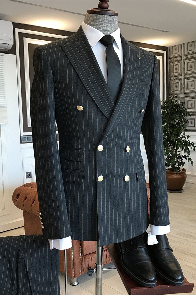 Dark Gray Peaked Lapel Double Breasted Striped Men Suits