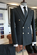 Dark Gray Peaked Lapel Double Breasted Striped Men Suits