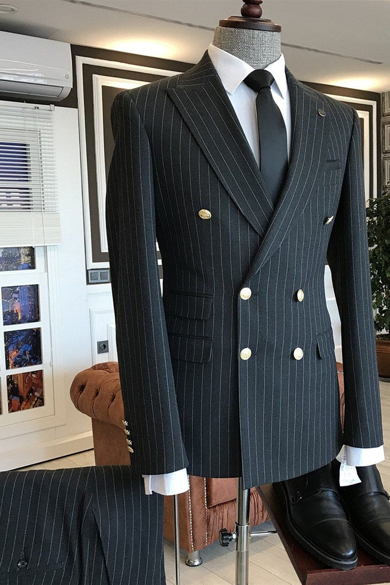 Dark Gray Peaked Lapel Double Breasted Striped Men Suits
