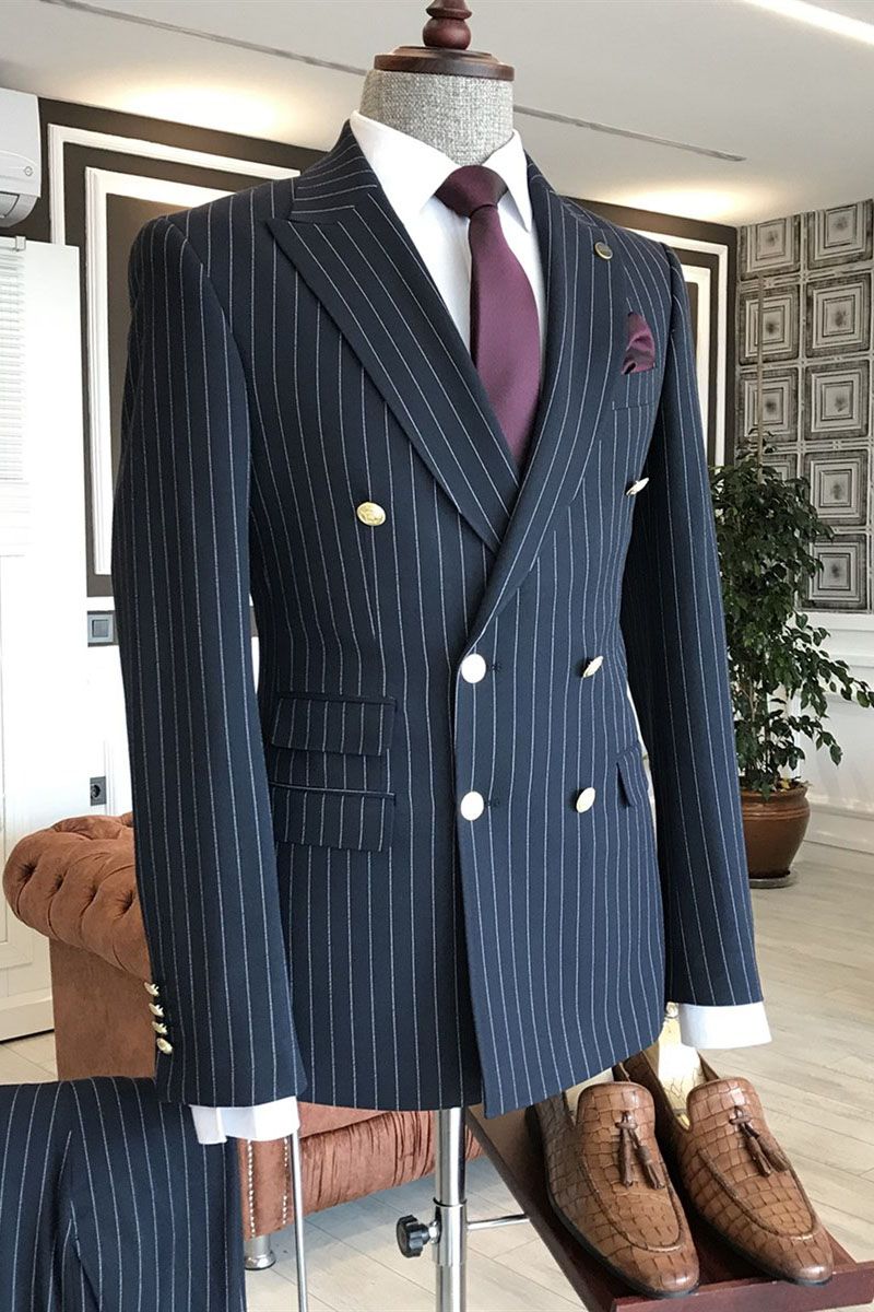 Deep Navy Blue Peaked Lapel Double Breasted Striped Men Suits