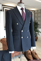 Deep Navy Blue Peaked Lapel Double Breasted Striped Men Suits