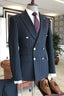 Deep Navy Blue Peaked Lapel Double Breasted Striped Men Suits