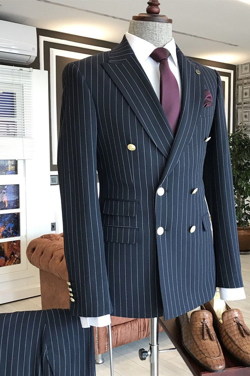 Deep Navy Blue Peaked Lapel Double Breasted Striped Men Suits
