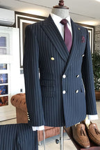 Deep Navy Blue Peaked Lapel Double Breasted Striped Men Suits