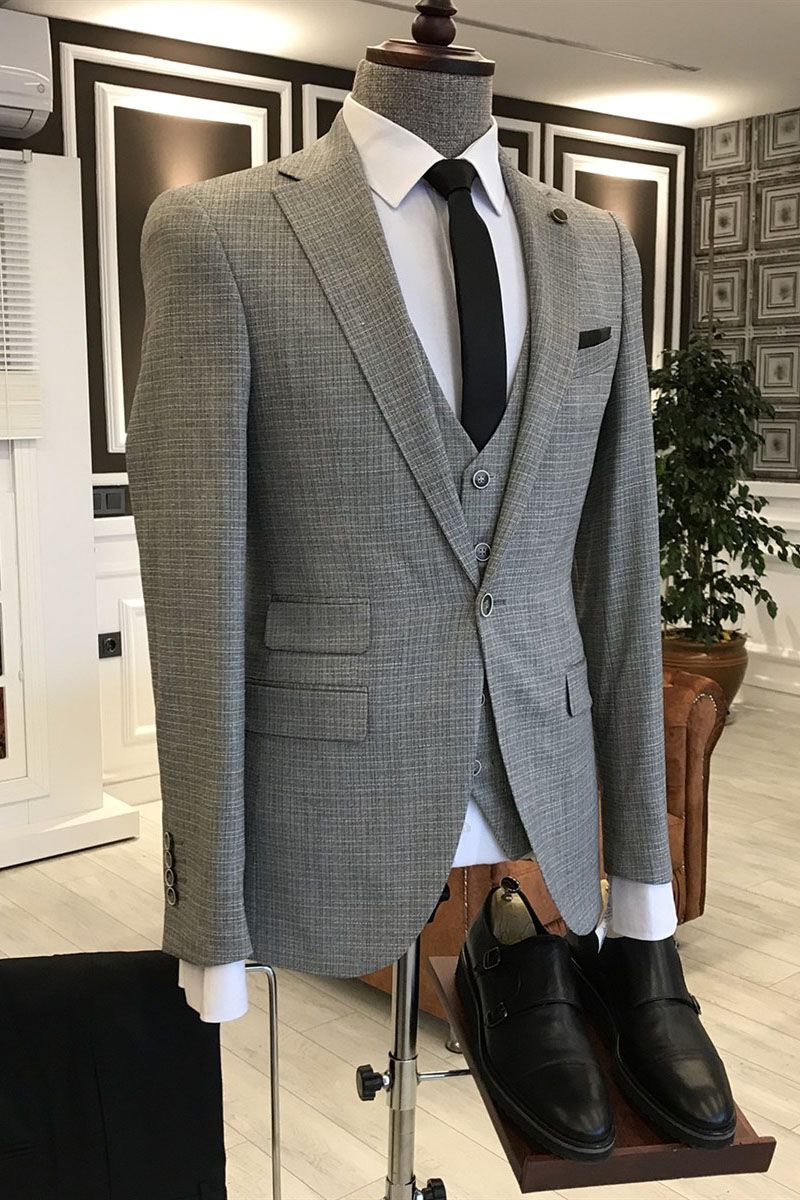 Light Heather Gray Notched Lapel Plaid Best Fitted 3 Piece Men Suits Main image
