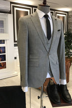 Light Heather Gray Notched Lapel Plaid Best Fitted 3 Piece Men Suits