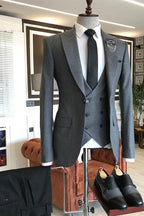 Charming Gray Plaid Peaked Lapel 3 Piece Men Suits