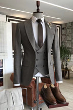 Light Gray Brown Plaid Peaked Lapel 3 Piece Men Suits