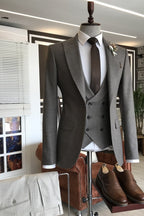 Light Gray Brown Plaid Peaked Lapel 3 Piece Men Suits