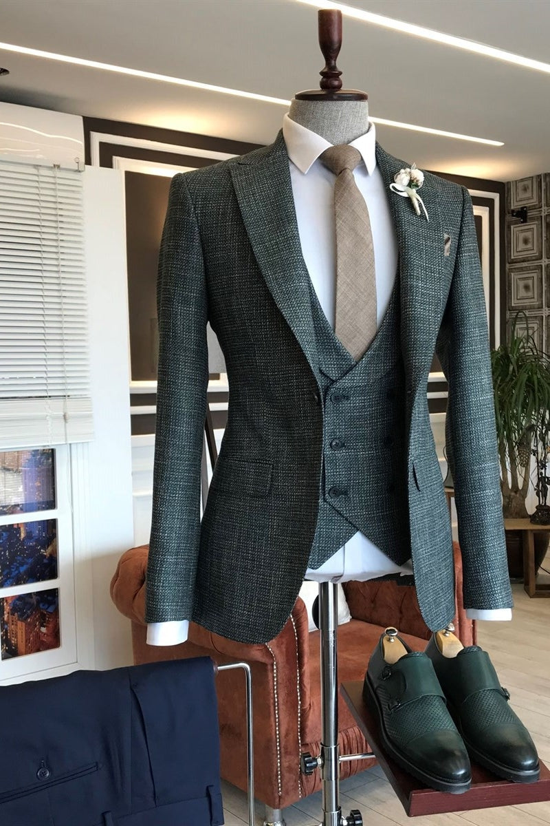 Dark Green Plaid Peaked Lapel 3 Piece Bespoke Men Suits