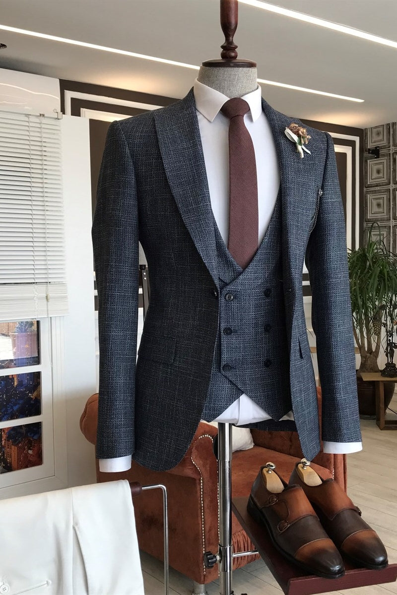 Slim Fit Charcoal Gray Plaid Peaked Lapel 3 Piece Trendy Men Suits