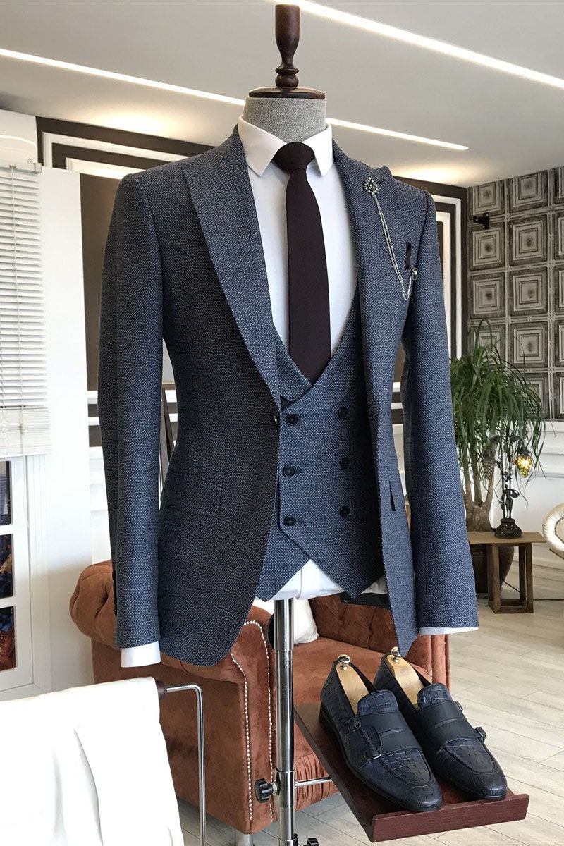 Dark Slate Blue Plaid Peaked Lapel 3 Piece Men Suits Main image