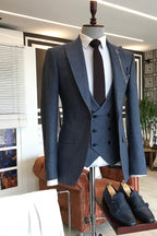 Dark Slate Blue Plaid Peaked Lapel 3 Piece Men Suits
