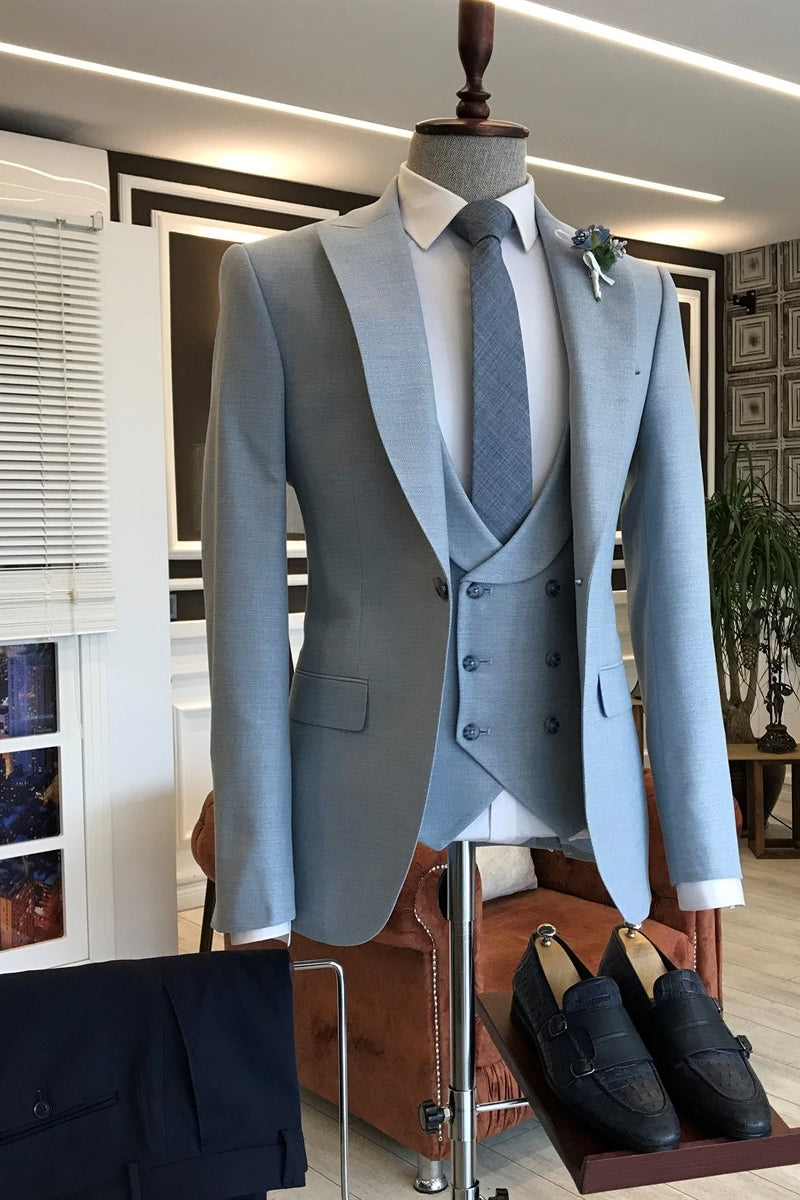 Classy Sky Blue Peaked Lapel 3 Piece Chic Men Suits