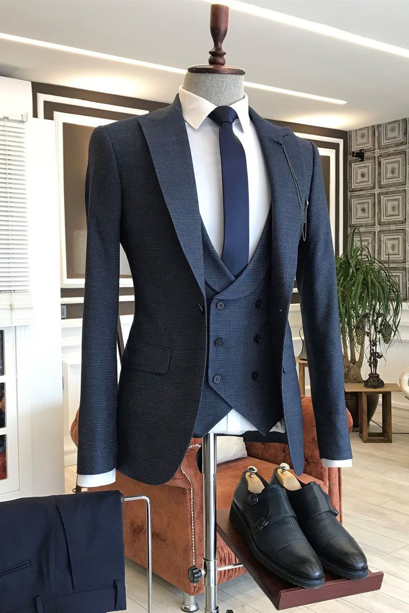 Dark Navy Gray Plaid Peaked Lapel 3 Piece Chic Men Suits