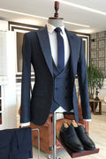 Dark Navy Gray Plaid Peaked Lapel 3 Piece Chic Men Suits