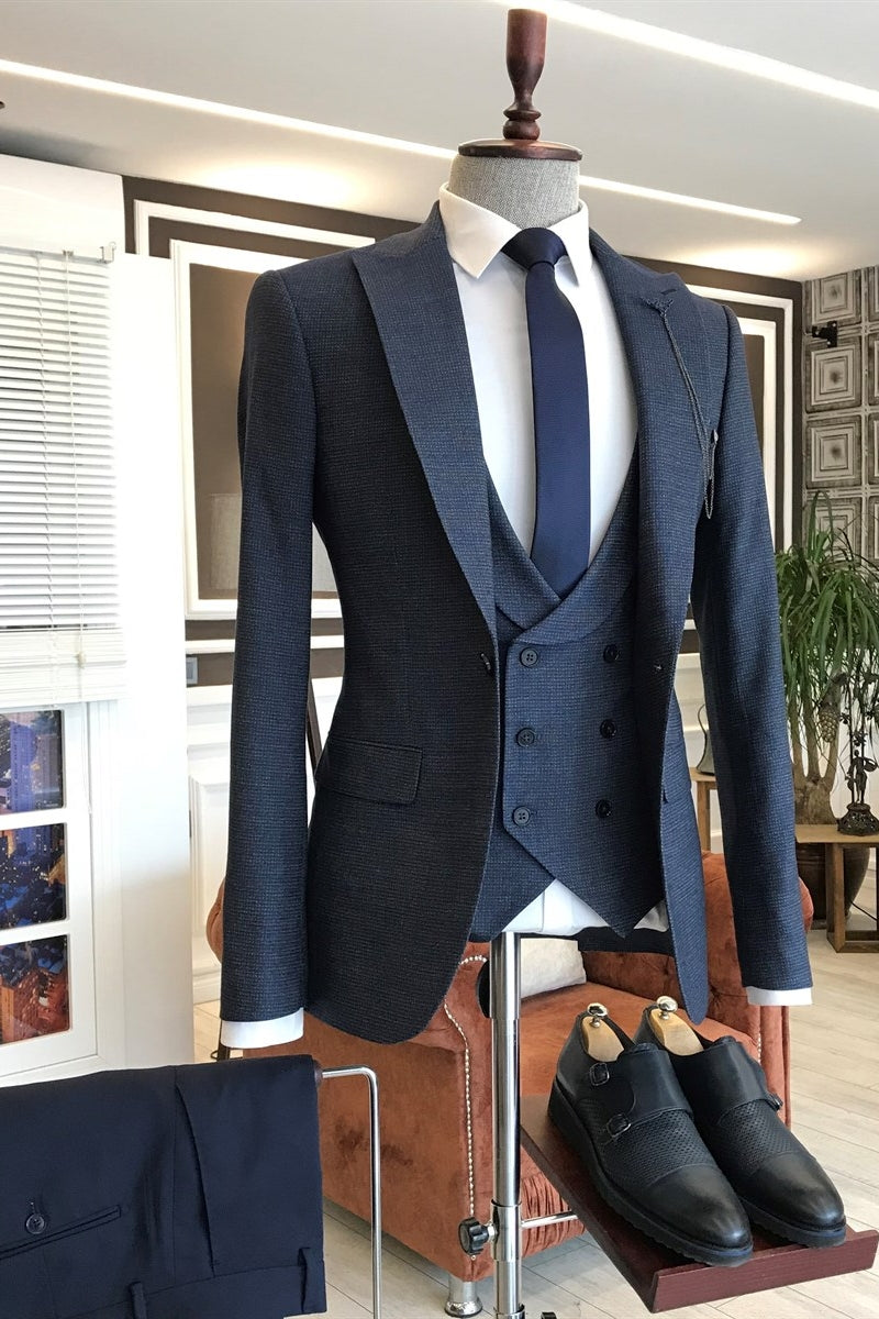 Dark Navy Gray Plaid Peaked Lapel 3 Piece Chic Men Suits