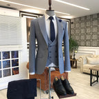 Light Gray Blue Plaid Peaked Lapel 3 Piece Men Suits