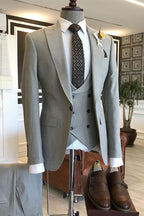 Light Gray Peaked Lapel 3 Piece One Button Slim Fit Men Suits