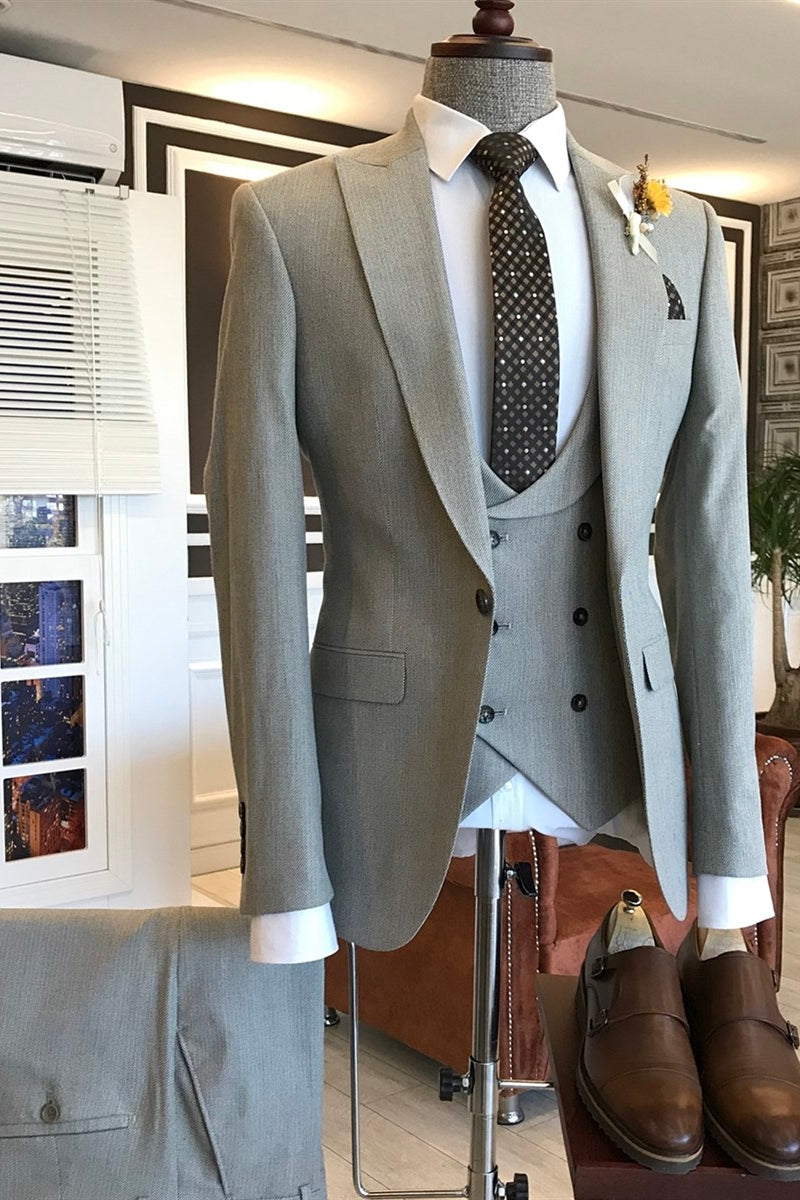 Light Gray Peaked Lapel 3 Piece One Button Slim Fit Men Suits