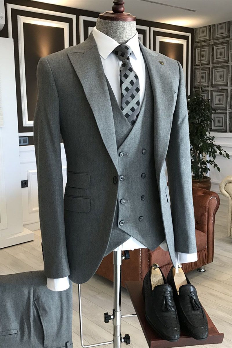 Newest Medium Gray Peaked Lapel 3 Piece One Button Suits For Men Main image