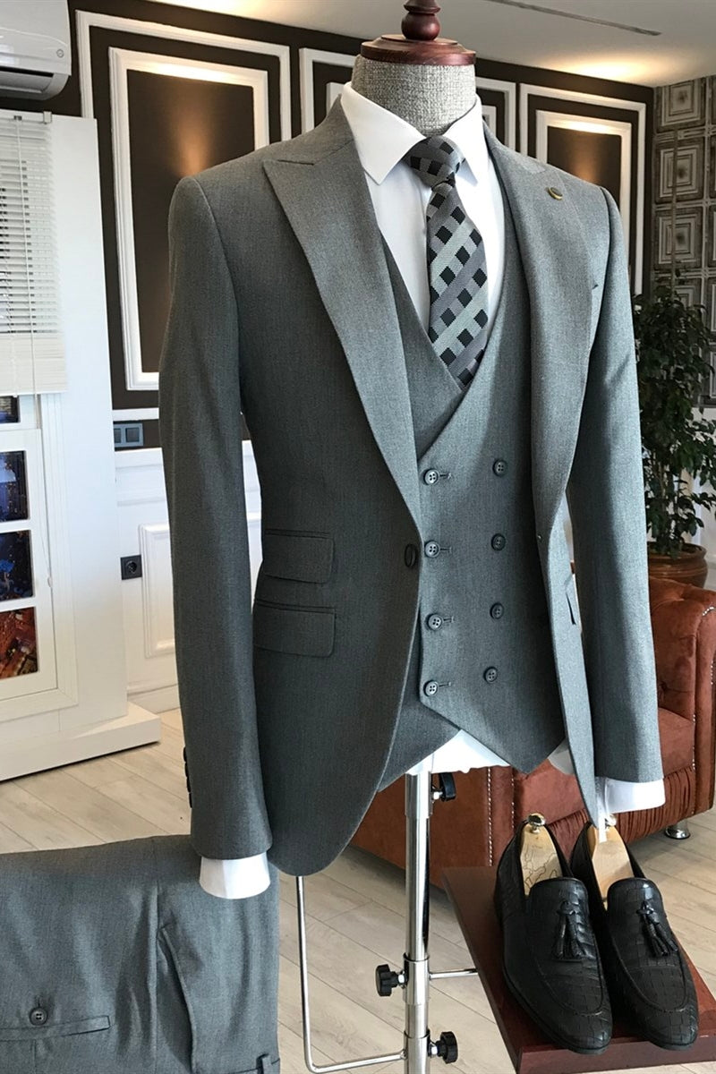Newest Medium Gray Peaked Lapel 3 Piece One Button Suits For Men Secondary image