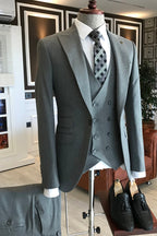 Newest Medium Gray Peaked Lapel 3 Piece One Button Suits For Men