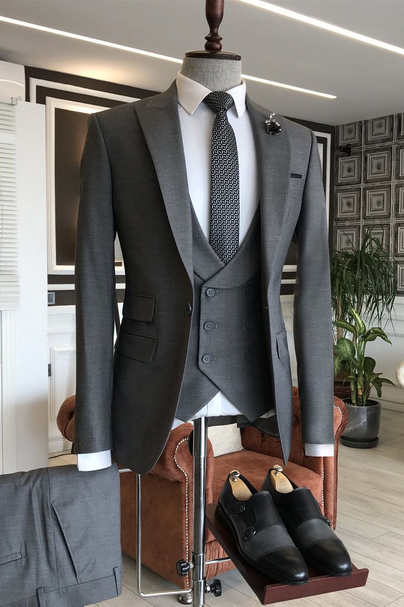 One Button Peaked Lapel 3 Piece Dark Gary Suits For Men