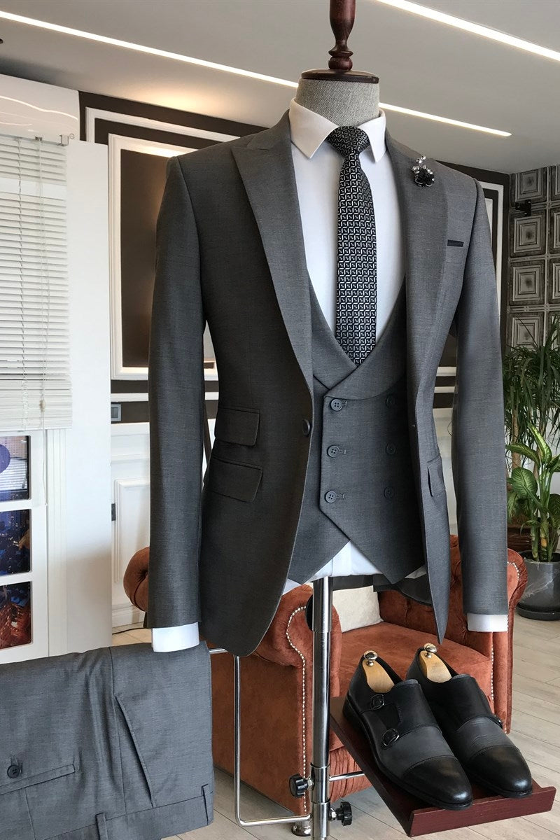 One Button Peaked Lapel 3 Piece Dark Gary Suits For Men