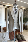 Light Greige Peaked Lapel 3 Piece Double Breasted Waistcoat Men Suits