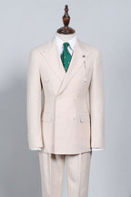 Beige Pinstripe Peaked Lapel Double Breasted Suits For Men