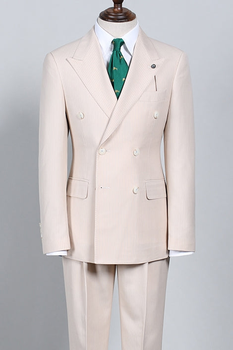 Beige Pinstripe Peaked Lapel Double Breasted Suits For Men Secondary image