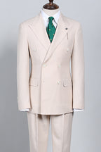 Beige Pinstripe Peaked Lapel Double Breasted Suits For Men