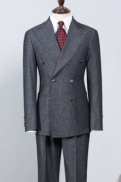 Newest Peaked Lapel Dark Gray Double Breasted Suits For Men