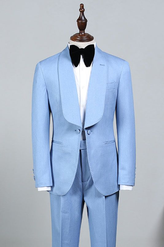 One Button Sky Blue Shawl Lapel Bespoke Suits For Men