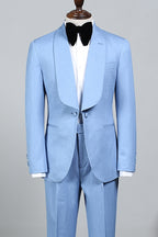 One Button Sky Blue Shawl Lapel Bespoke Suits For Men