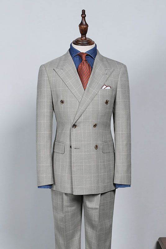 Classy Gray Plaid Peaked Lapel Double Breasted Suits For Men Main image