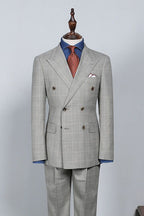 Classy Gray Plaid Peaked Lapel Double Breasted Suits For Men