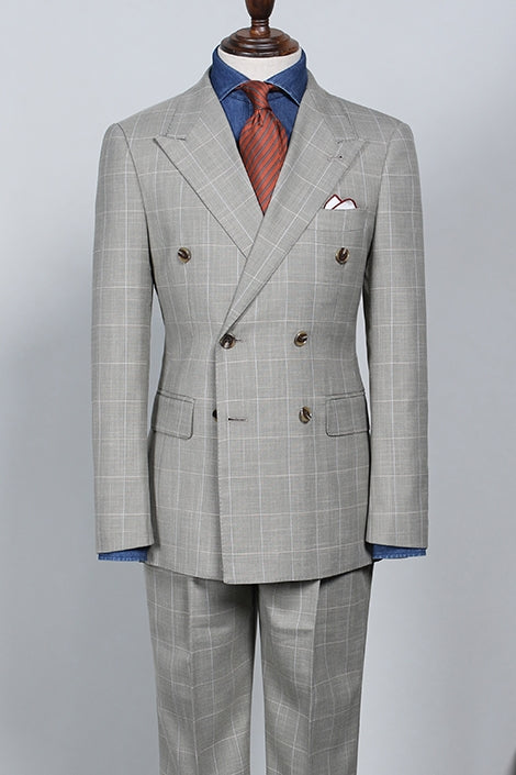 Classy Gray Plaid Peaked Lapel Double Breasted Suits For Men Secondary image